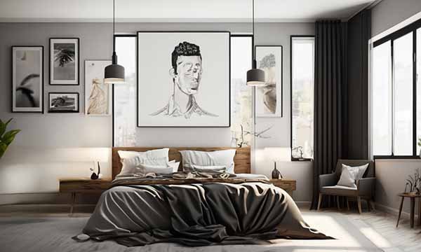 Chambre matériaux naturel et œuvre d'art