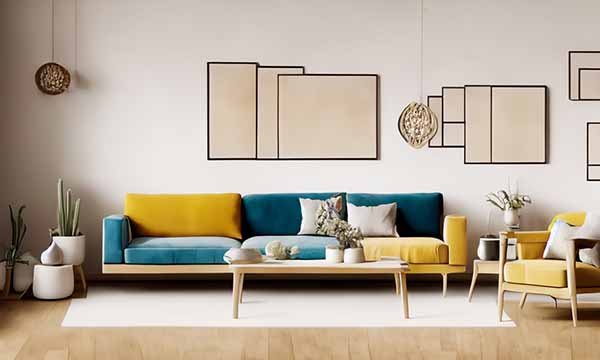 Salon de couleur neutre et accessoires colorés