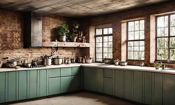 cuisine mur en brique couleur vert pale