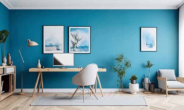 un bureau poste de télétravail bleu