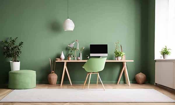 Un poste de télétravail couleur vert sauge.