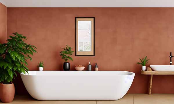 Une salle de bain couleur terracotta.