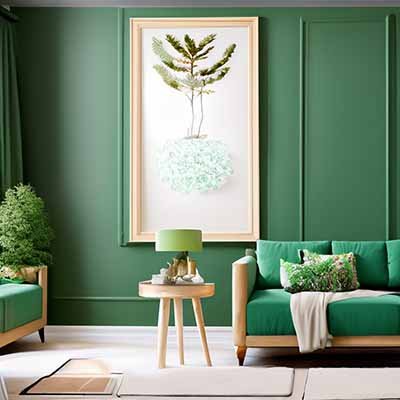 salon vert sauge et meubles en bois clairs