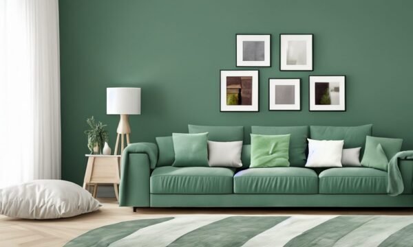 salon vert sauge et meubles en bois clairs