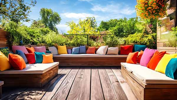 terrasse bois et coussins de toutes les couleurs