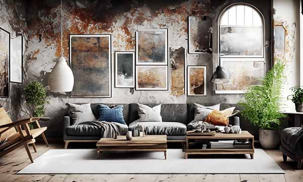 un salon tendance avec des murs patinés et texturés