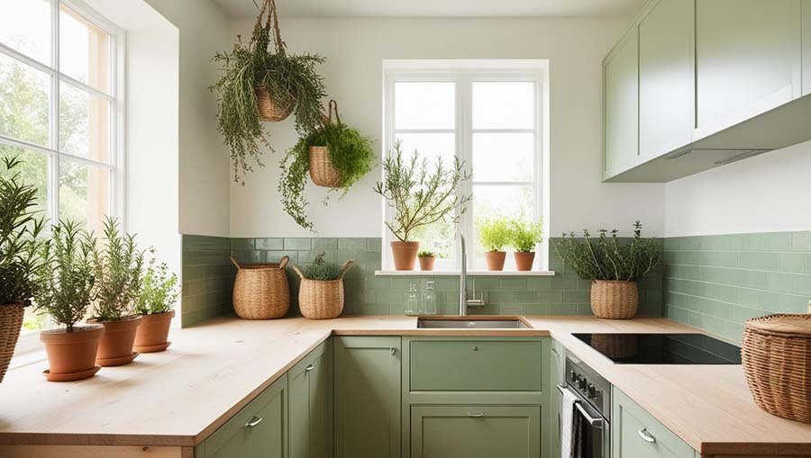 Cuisine fermée éco-responsable avec matériaux naturels et meubles en bois recyclé.
