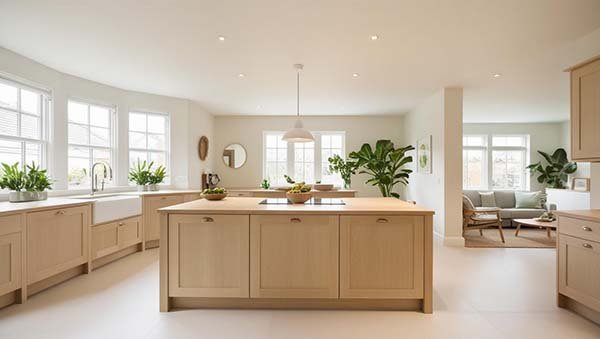 Cuisine ouverte avec îlot central en bois clair dans un style scandinave.