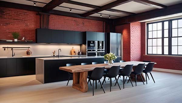 Cuisine ouverte design dans un loft industriel.