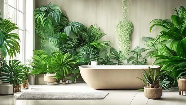 Salle de bain et plantes tropicales