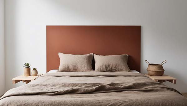 Tête de lit DIY avec un panneau de bois peint couleur terracotta.