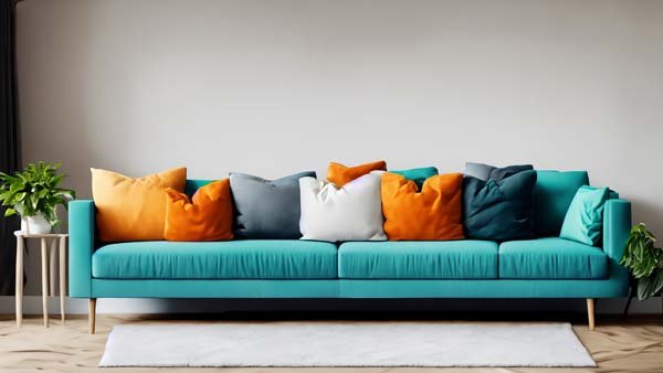 Un canapé relooké avec des coussins multicolores.