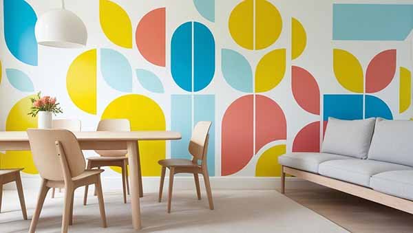 Un intérieur tendance avec des meubles scandinave et du papier peint moderne de couleur vive.