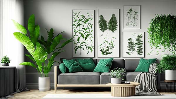 Un salon décoré avec des plantes vertes