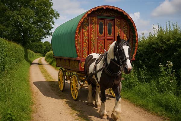 Une roulotte tzigane tirée par un cheval.
