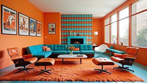 Ambiance vintage pour ce salon coloré orange et bleu.