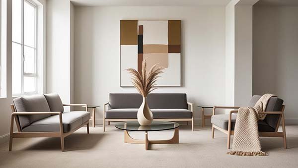 intérieur minimaliste meubles en bois clairs et tableau contemporain