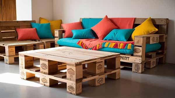 meuble en palettes brut avec des coussins coloré