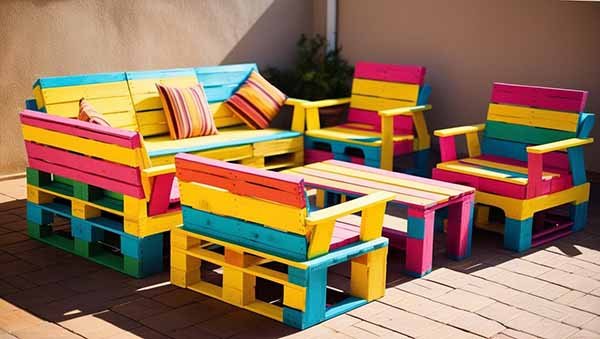 Meuble en palettes DIY peintes de toutes les couleurs.
