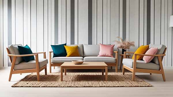 Intérieur scandinave avec papier peint moderne et coussins de couleur vives