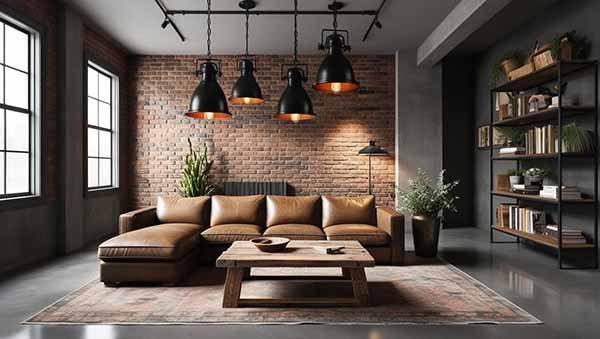 salon industriel avec mur en briques et luminaires en métal noir