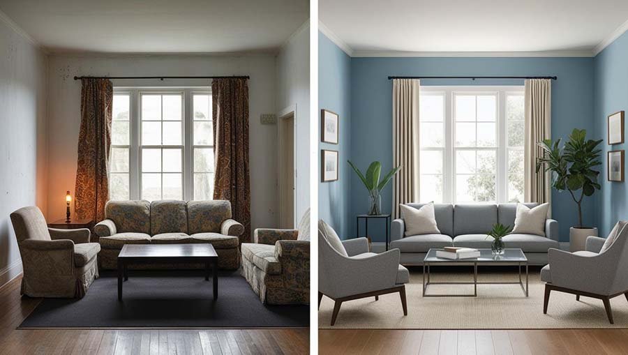 un petit salon relooké avec de la peinture bleu ciel