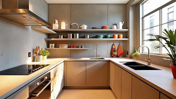 une cuisine avec mur et plan de travail en béton