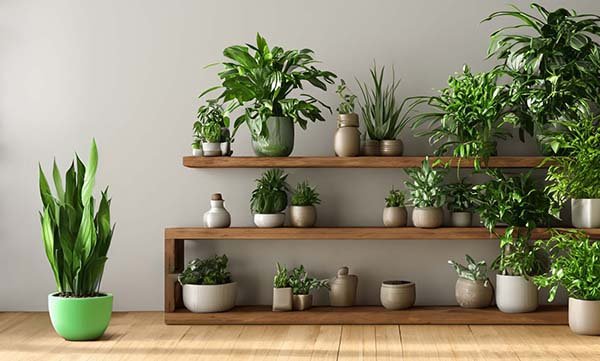 une étagère avec des plantes vertes