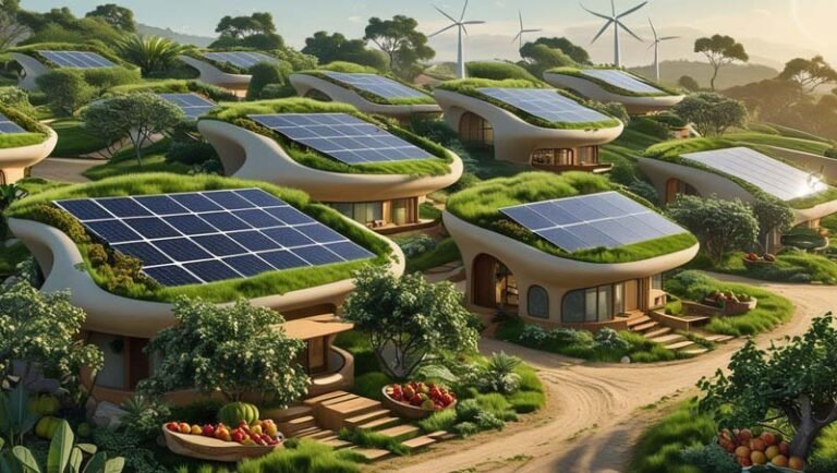 Quartier futuriste écologique avec plusieurs maisons autonomes, toits végétalisés et énergies renouvelables.